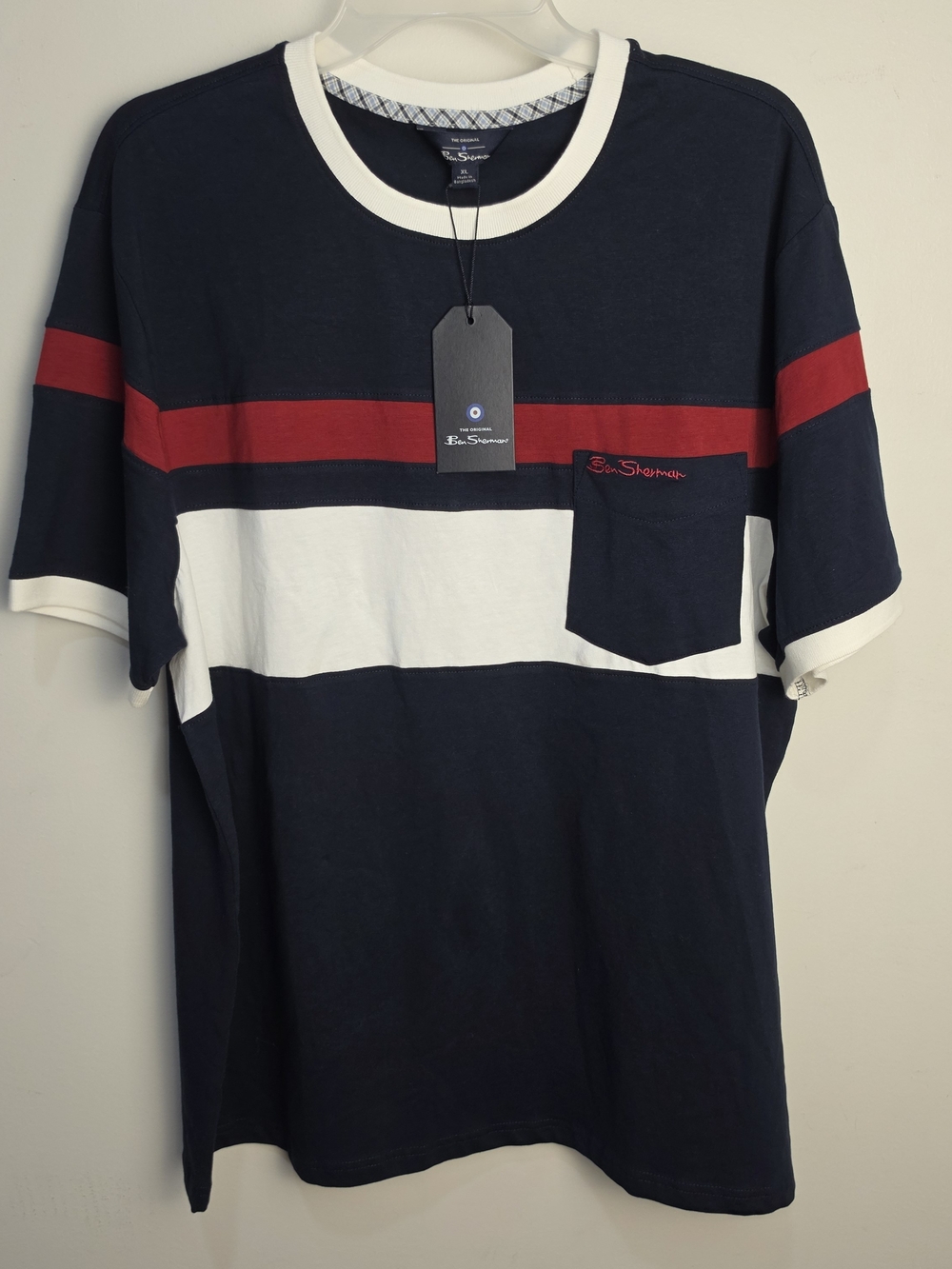 Ben Sherman Navy, White & Red Stripe Pocket Tee